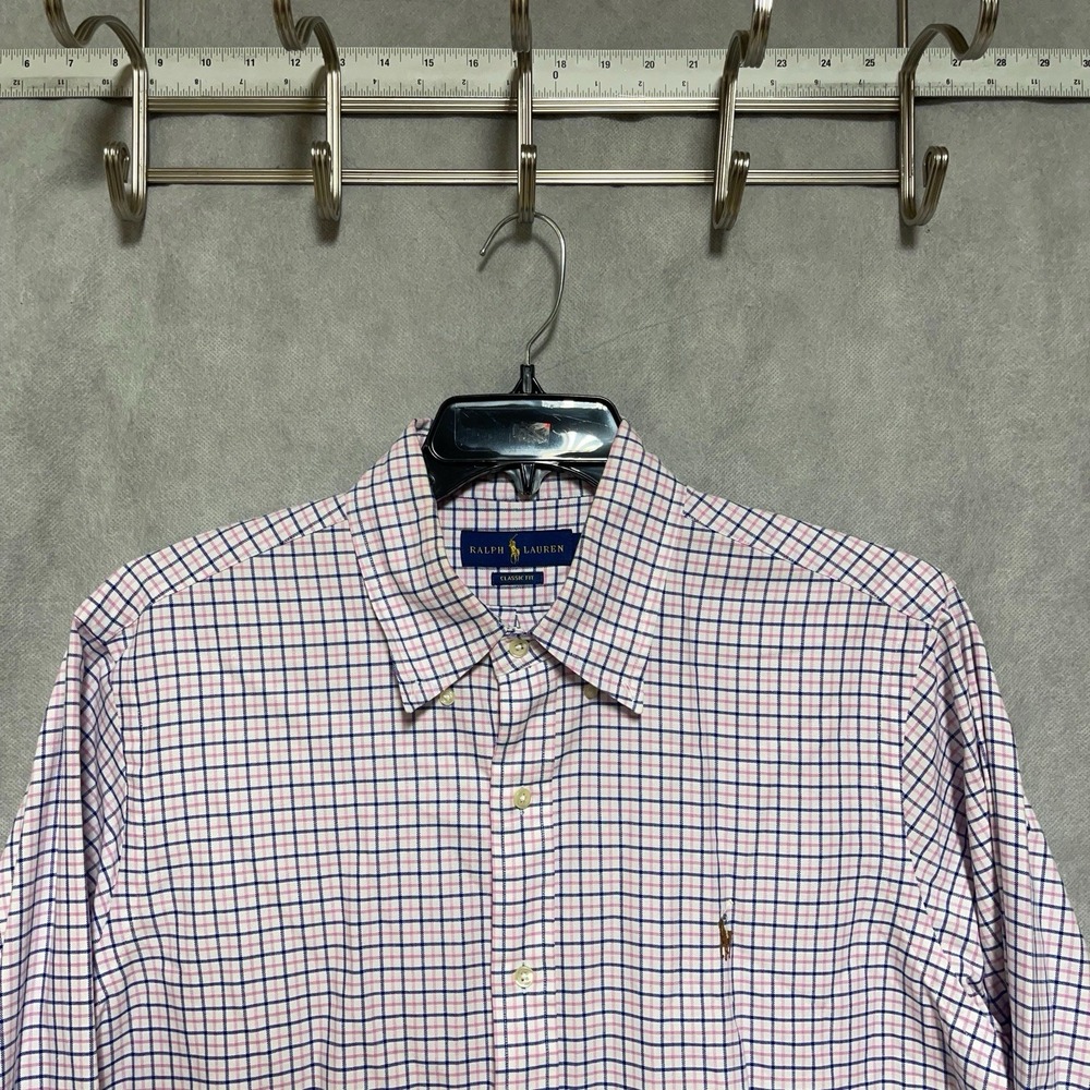 Ralph Lauren Shirt Men L Blue Pink Check Classic OCBD Oxford Cloth Flesh Pony
